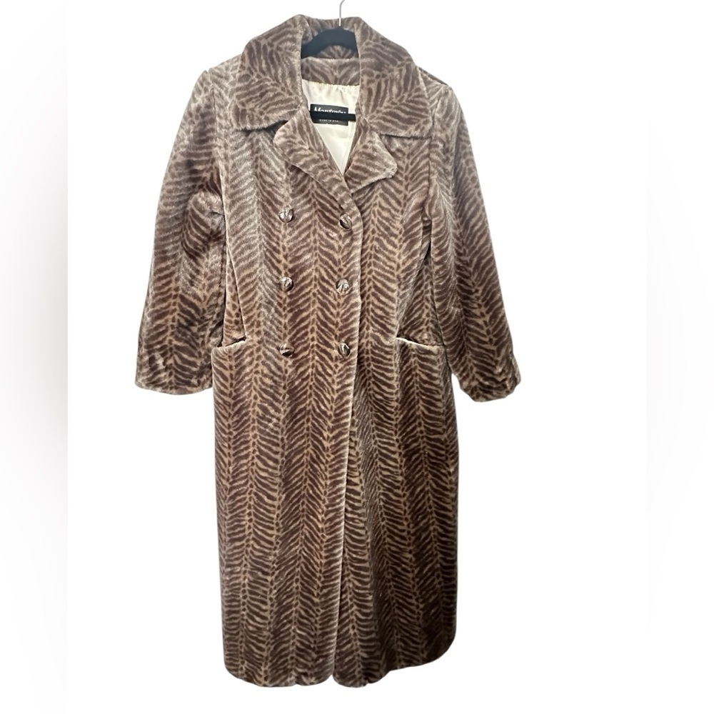 Vintage Faux fur animal print trench Full
Length Coat Sz S Monterey Fashions USA